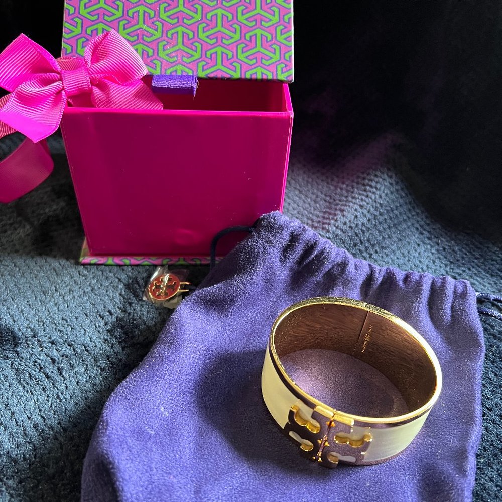 TORY BURCH Metallic Enamel Raised Logo Wide Cuff Bracelet - Original Bag and Box - Picture 6 of 6
